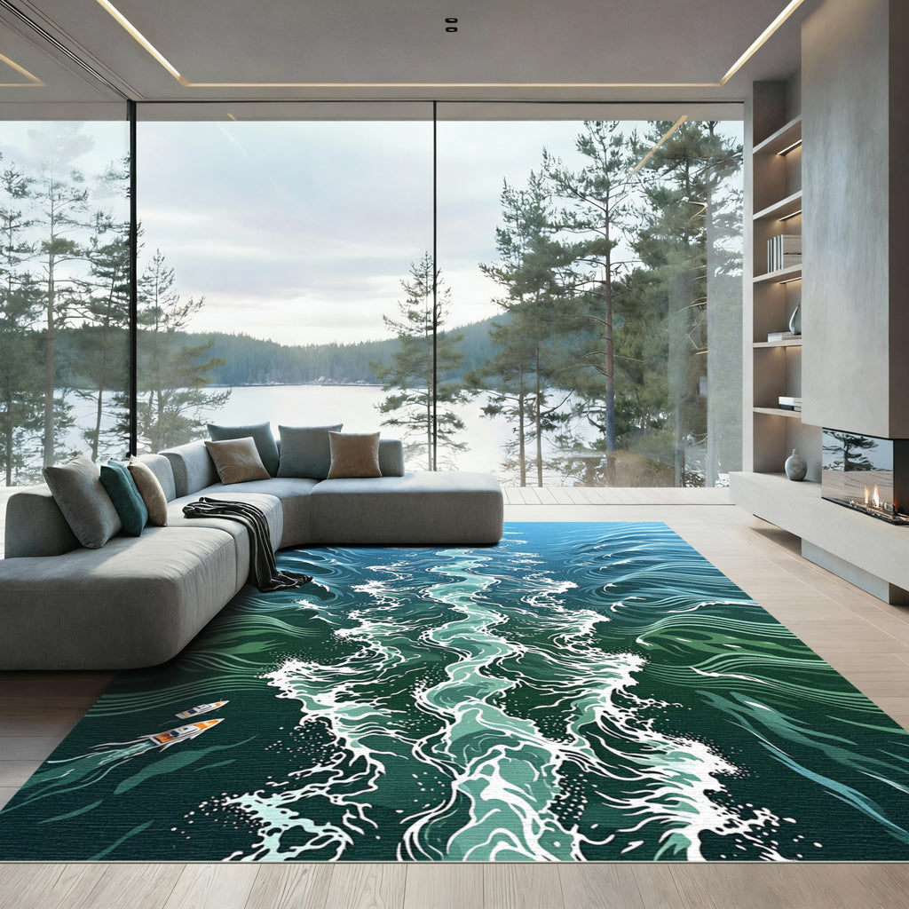 Abstract Teal Ocean Wake Swirls Rug