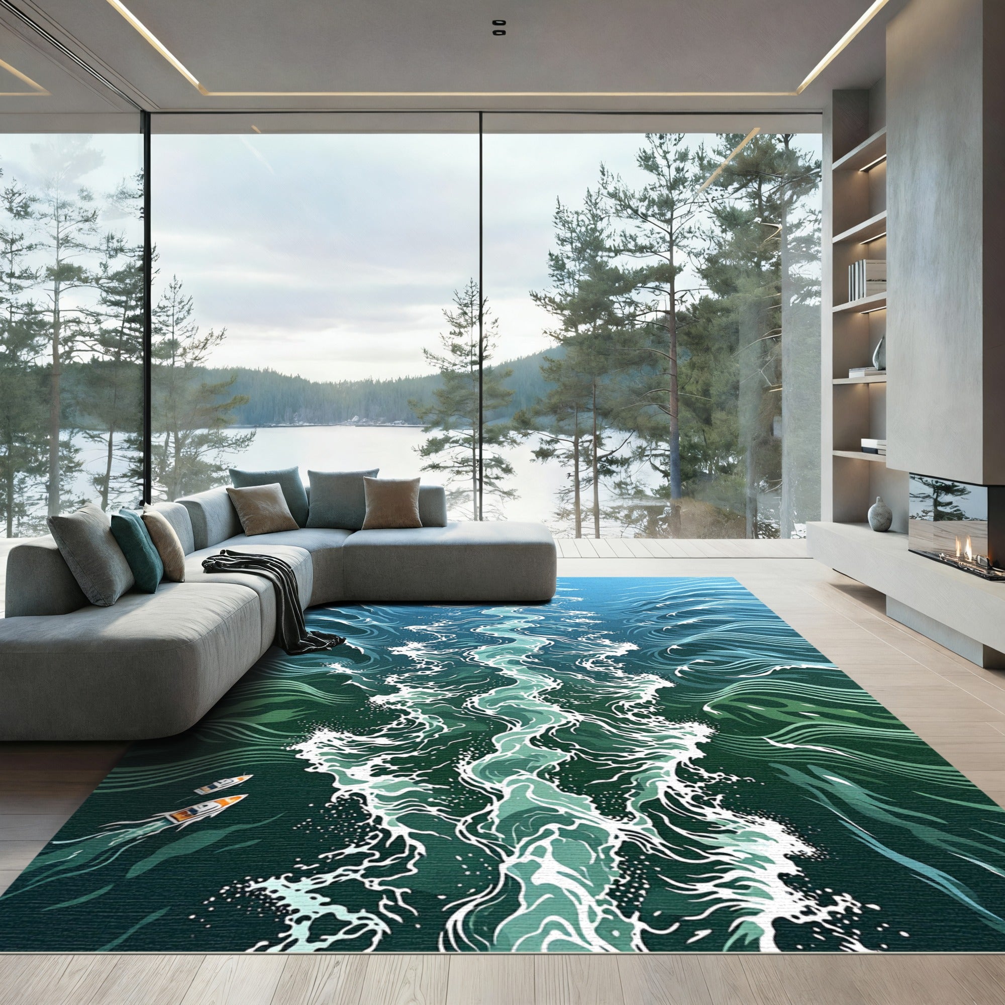 Abstract Teal Ocean Wake Swirls Rug