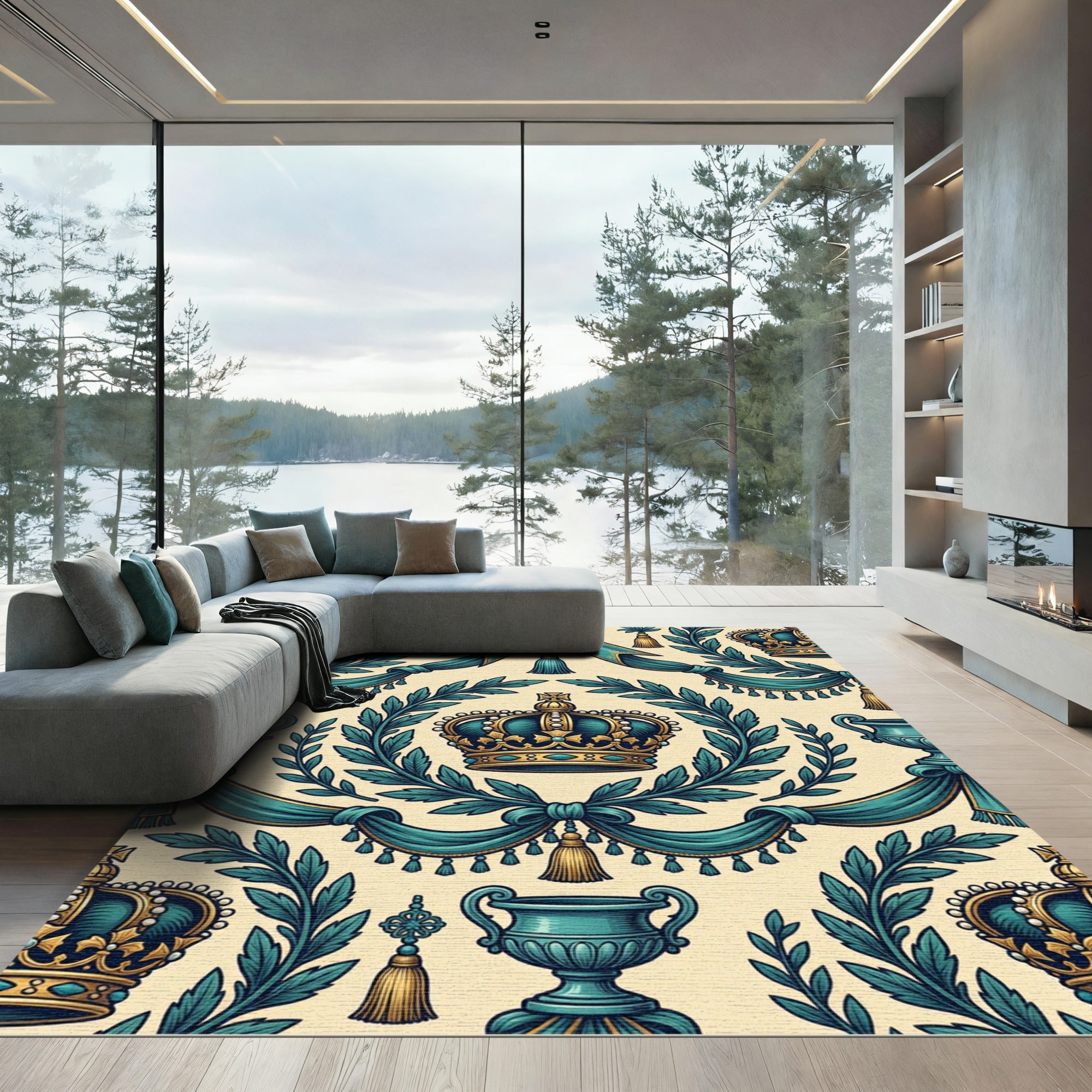 Regal Teal Crown and Laurel Garland Rug