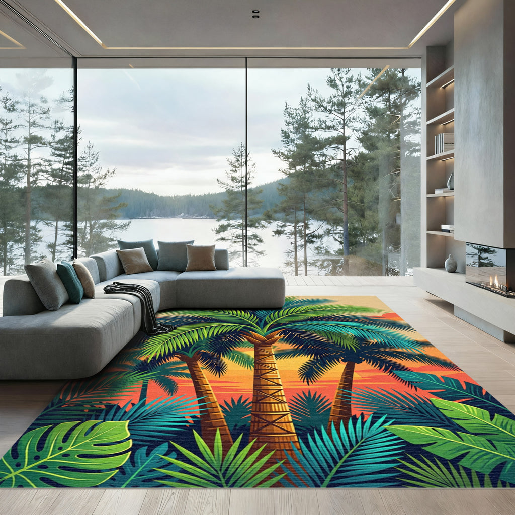 Vibrant Tropical Palm Sunset Landscape Rug