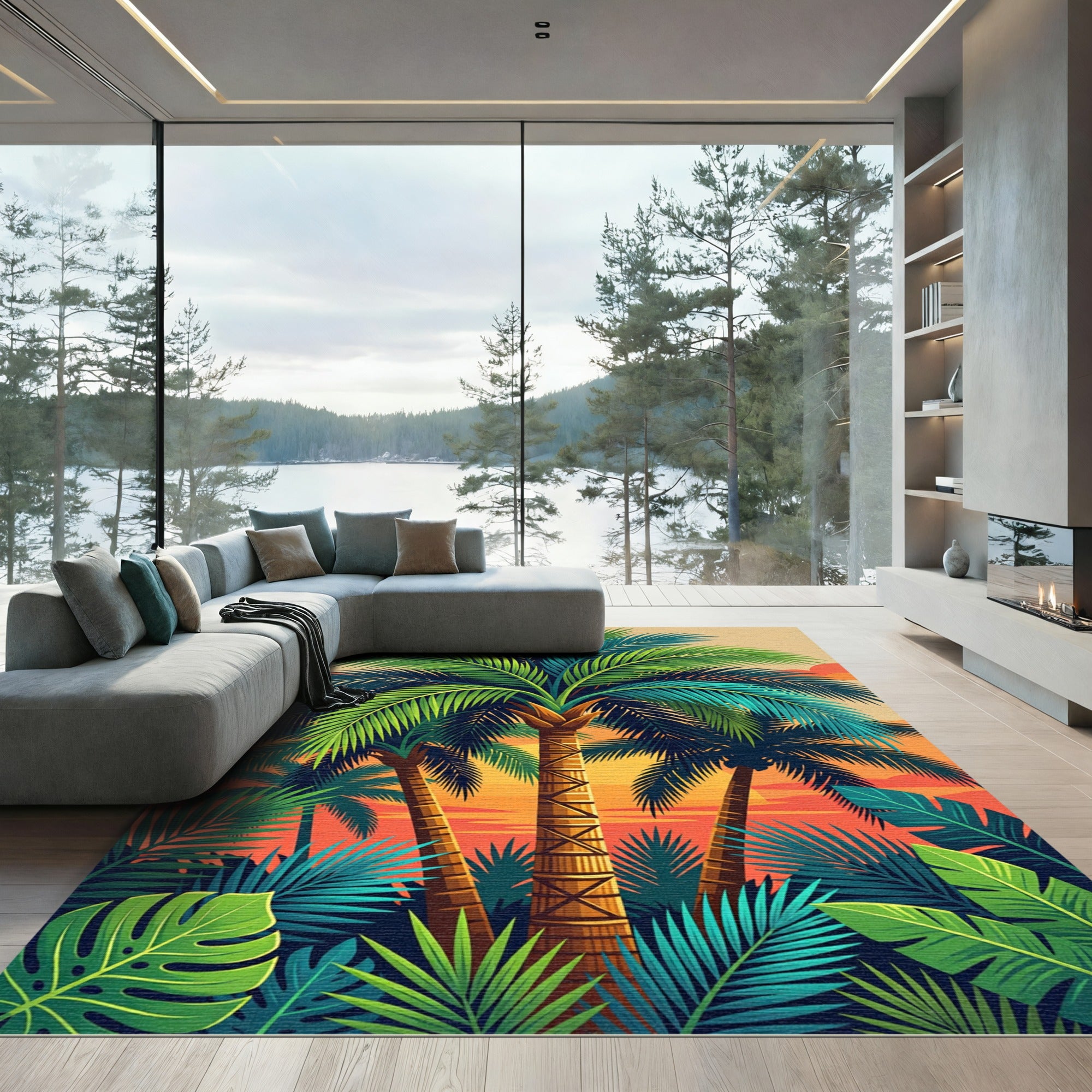 Vibrant Tropical Palm Sunset Landscape Rug