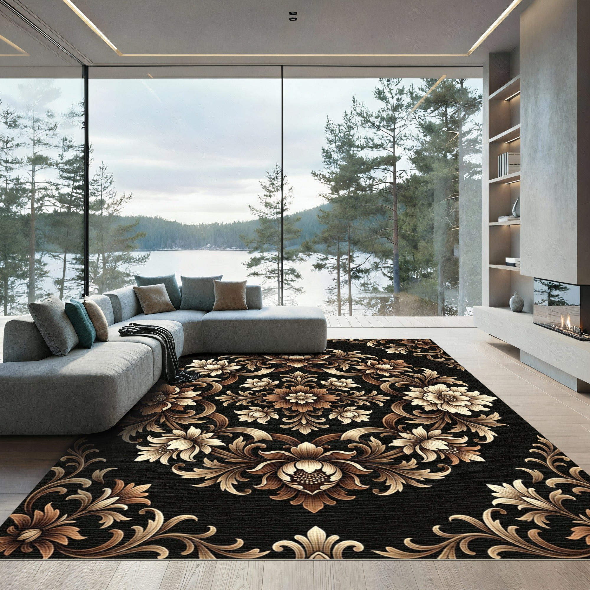Baroque Floral Medallion Gold Black Rug