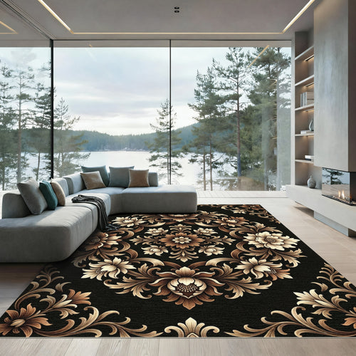 Baroque Floral Medallion Gold Black Rug