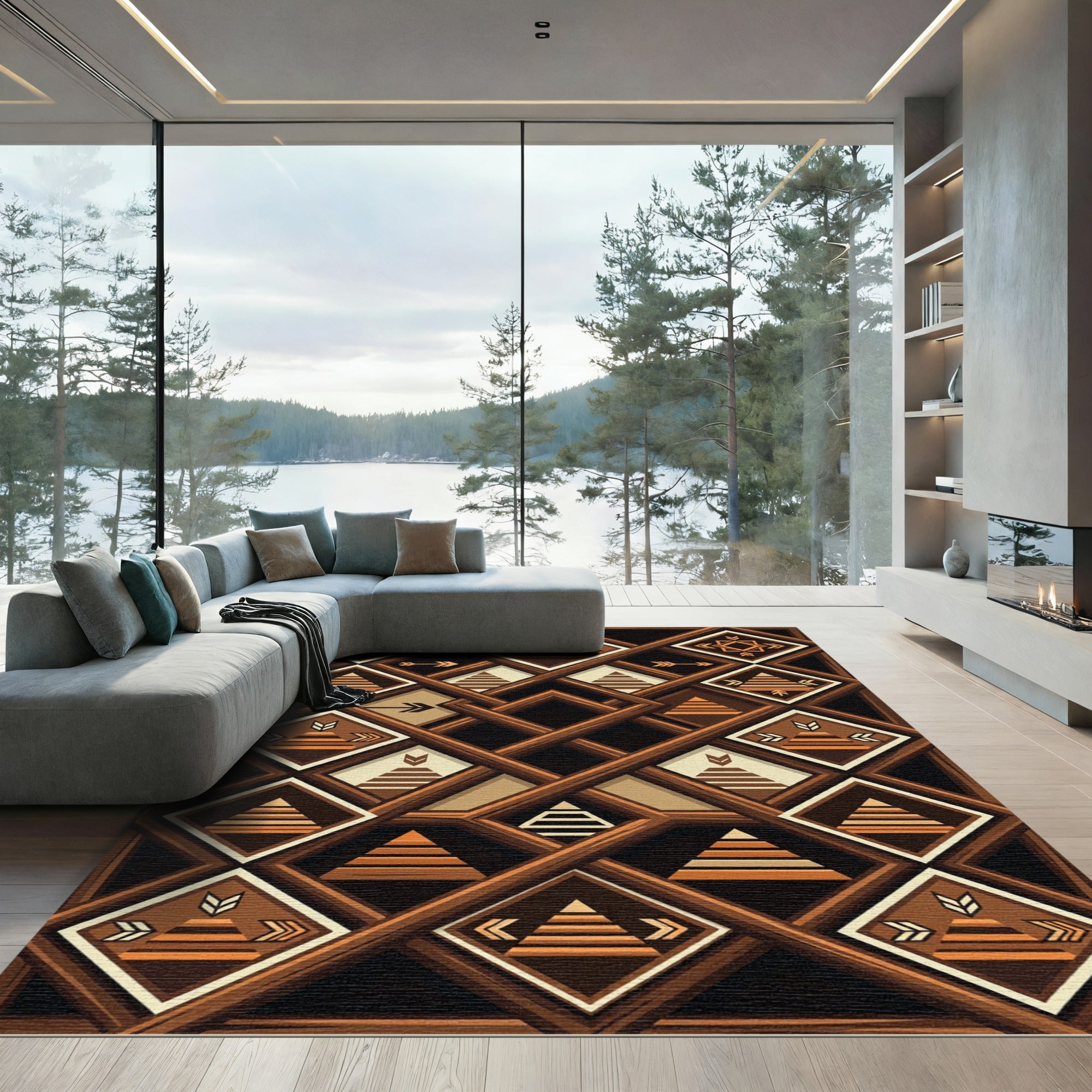 Earthy Brown Geometric Diamond Arrow Rug
