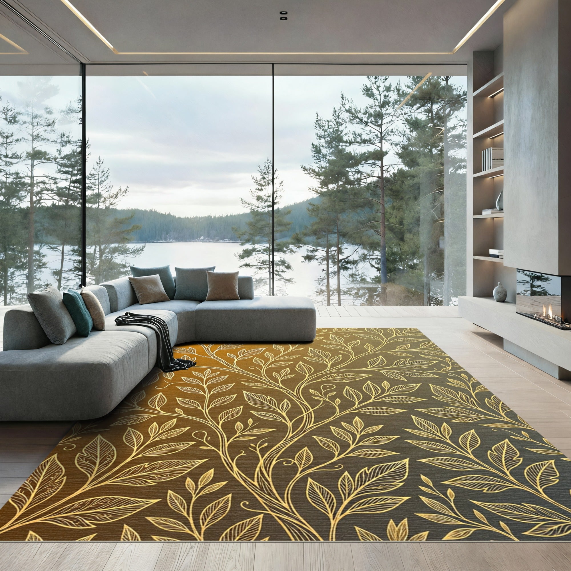 Golden Botanical Leaves on Ombre Gradient Rug