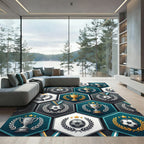Golden Trophy Soccer Hexagon Teal Art Rug