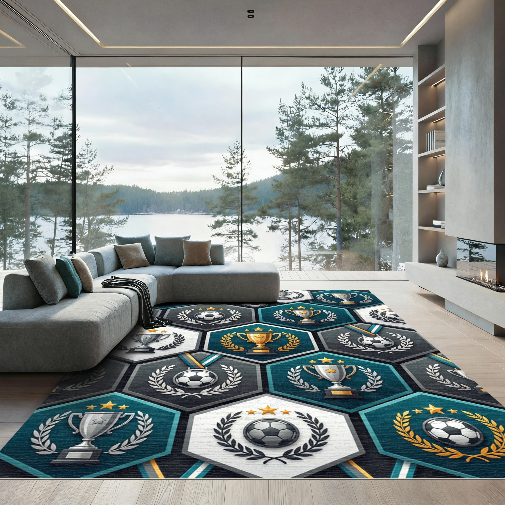 Golden Trophy Soccer Hexagon Teal Art Rug