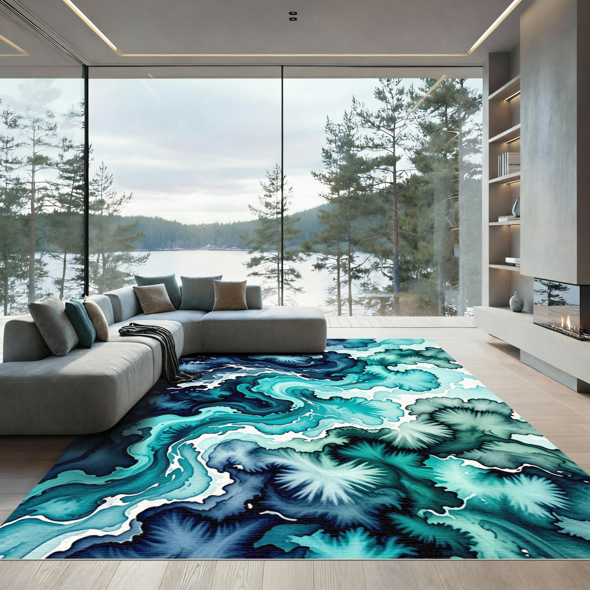 Deep Teal Abstract Watercolor Flow Rug