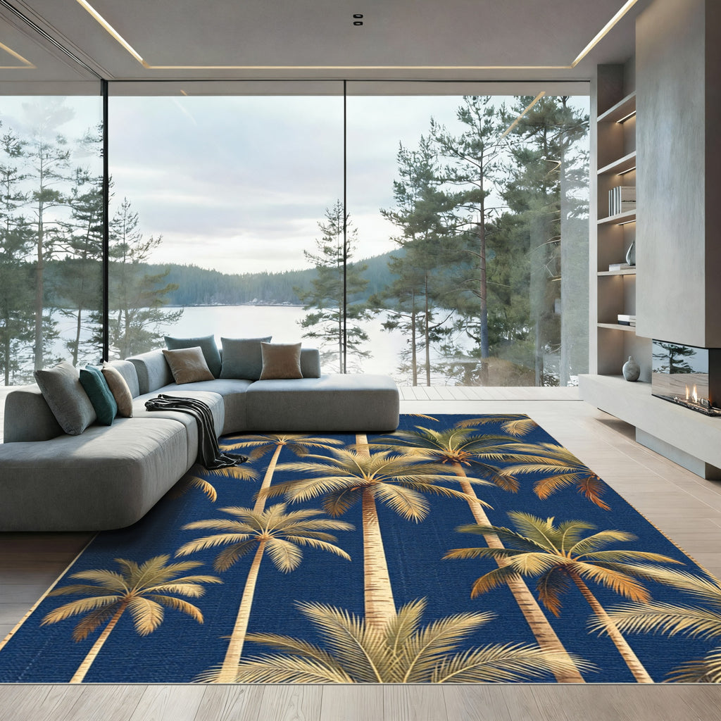 Tropical Golden Palm Navy Botanical Rug