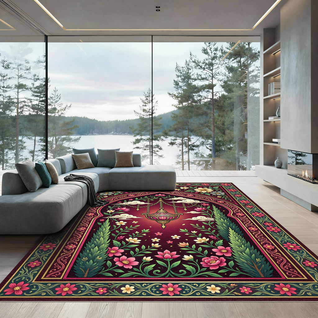 Crimson Botanical Lantern Arch Tapestry Rug