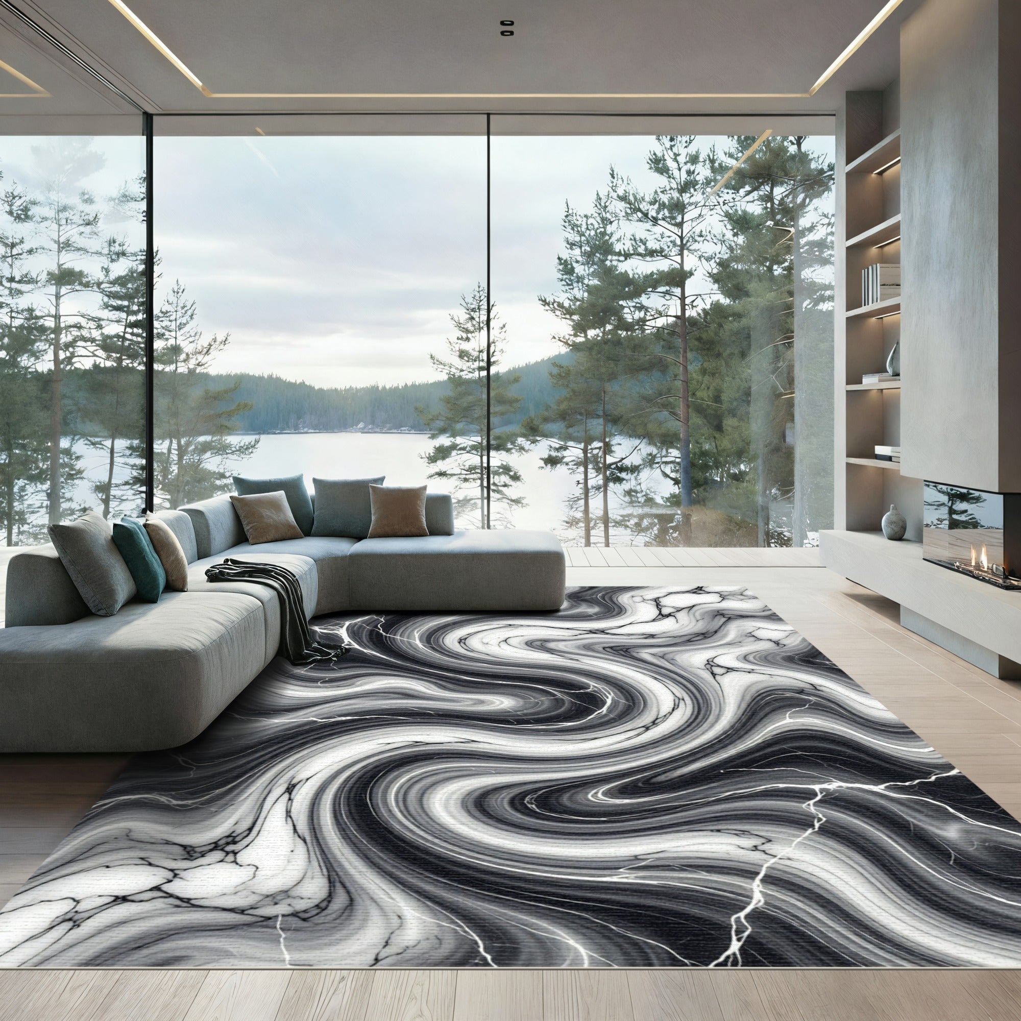 Monochrome Abstract Liquid Swirl Marble Rug