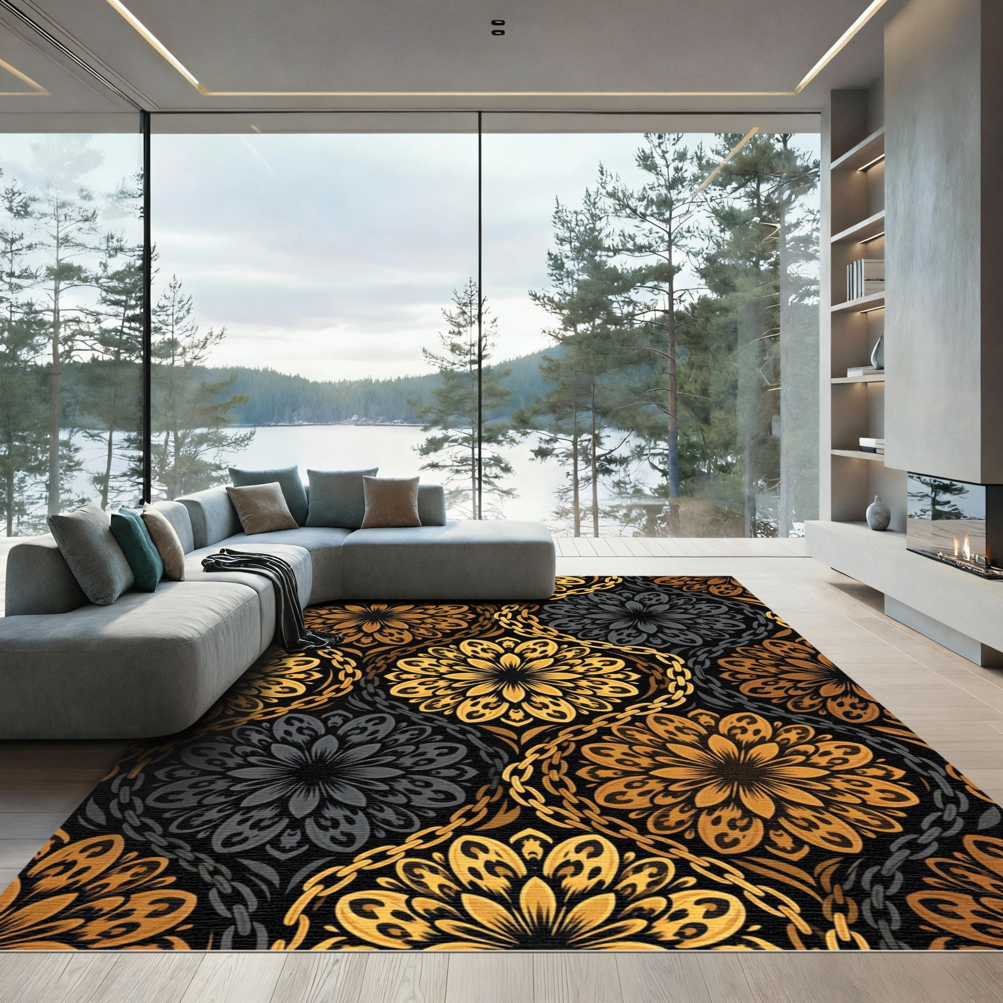 Ornate Gold Black Chain Mandala Rug
