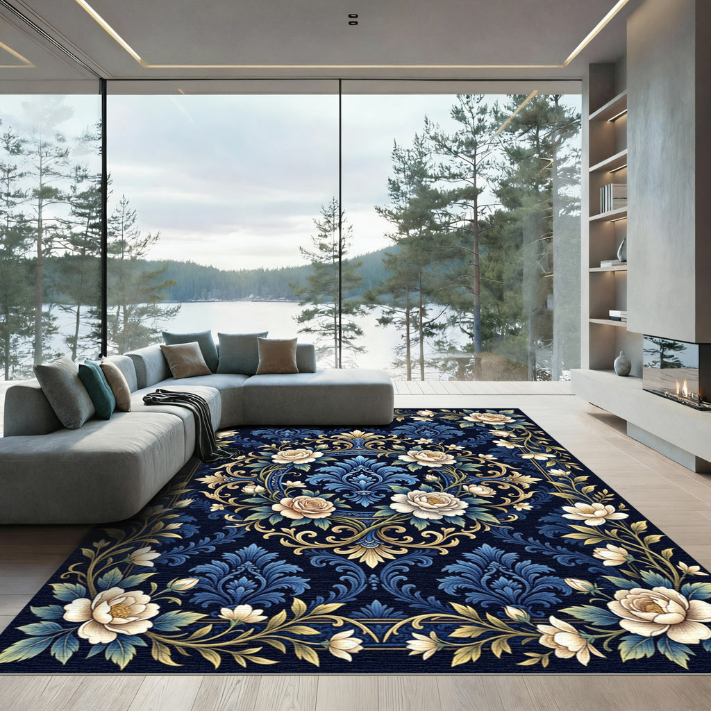 Navy Floral Damask with Golden Accents Rug
