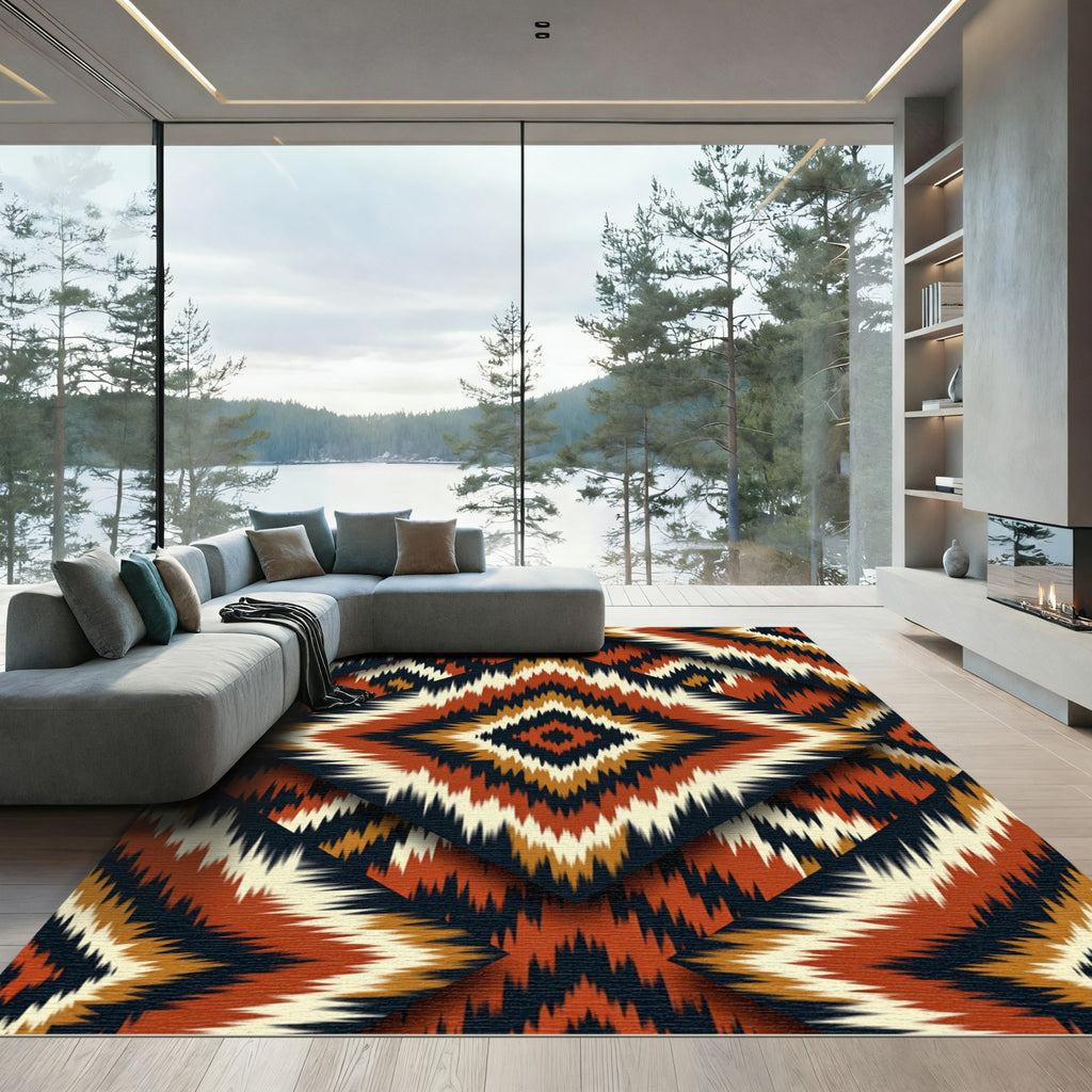 Ornate Earthy Geometric Ikat Diamond Rug