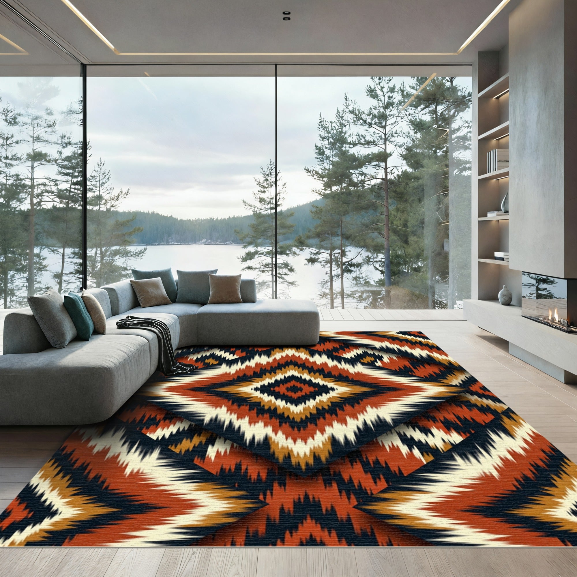 Ornate Earthy Geometric Ikat Diamond Rug