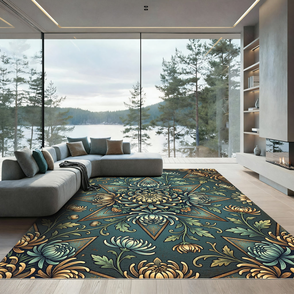 Emerald Teal Chrysanthemum Star Bloom Rug