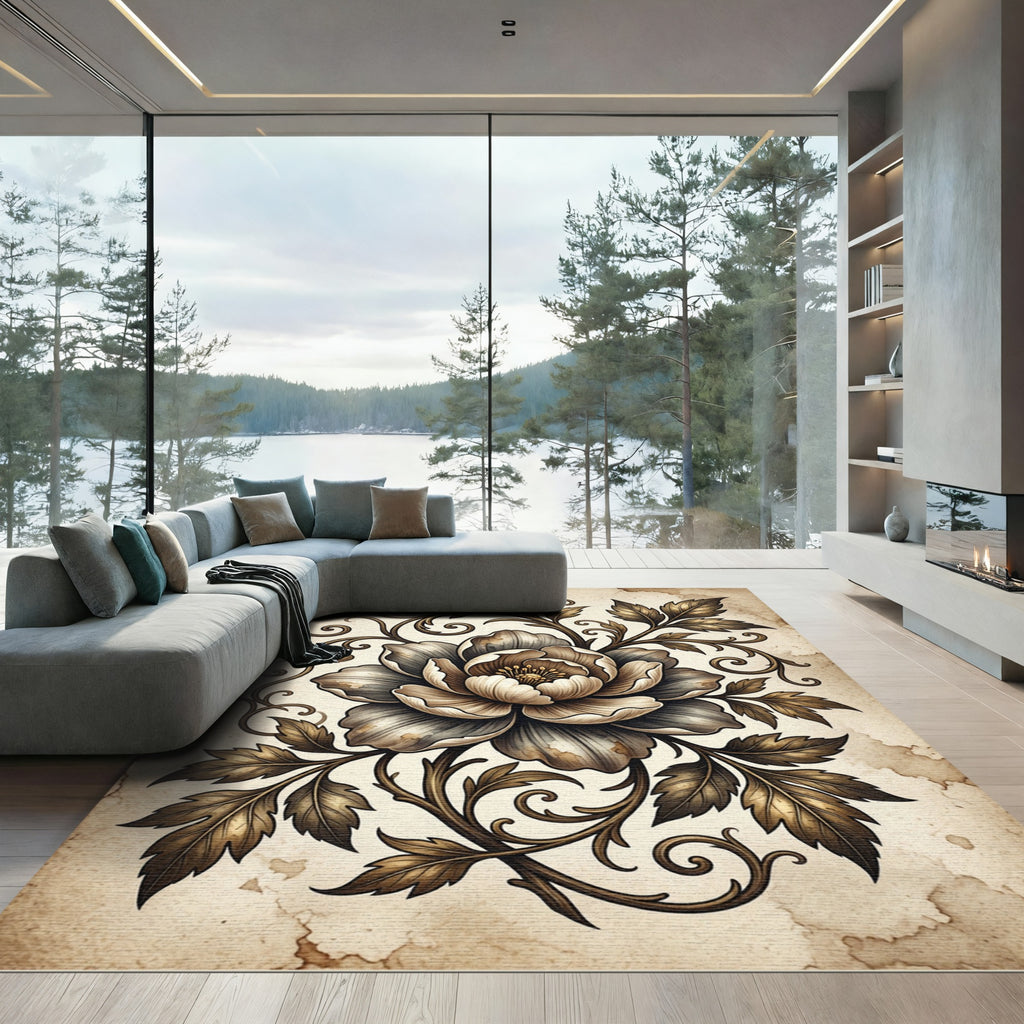 Antique Golden Floral Scroll Rug
