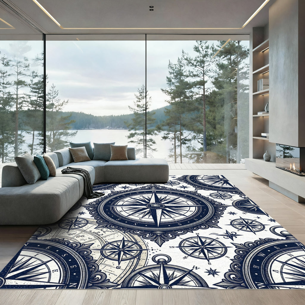Navy Nautical Compass Celestial Map Rug