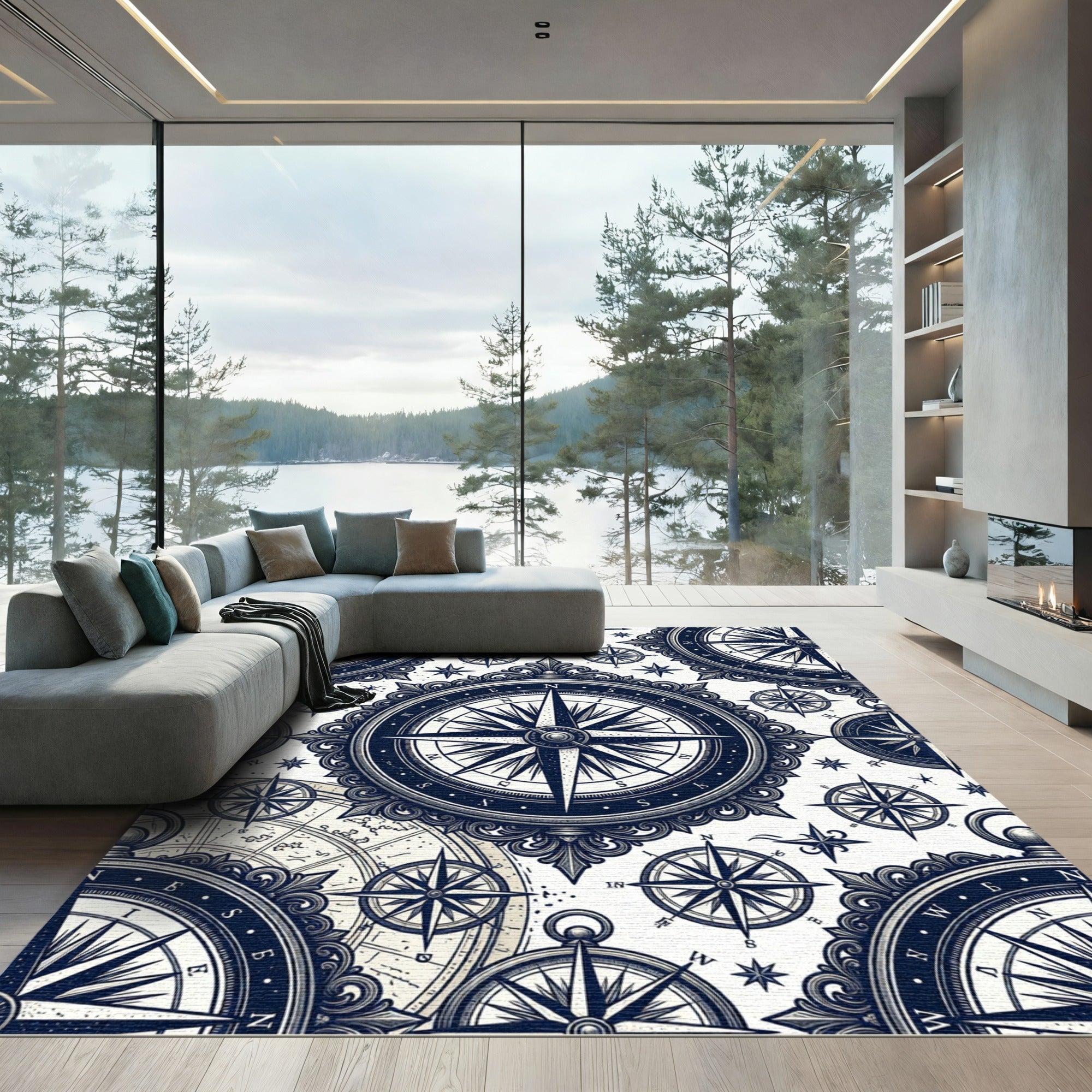 Navy Nautical Compass Celestial Map Rug