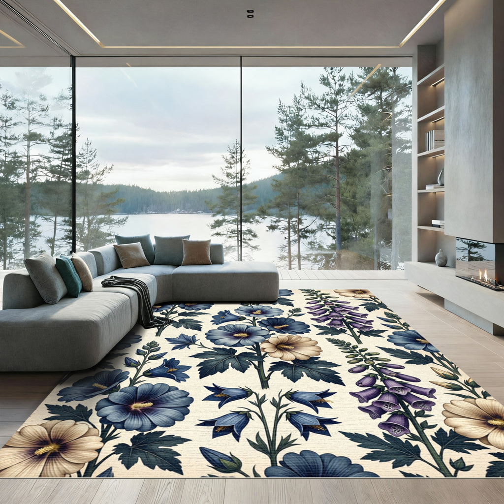 Blue Purple Botanical Floral Arrangement Rug