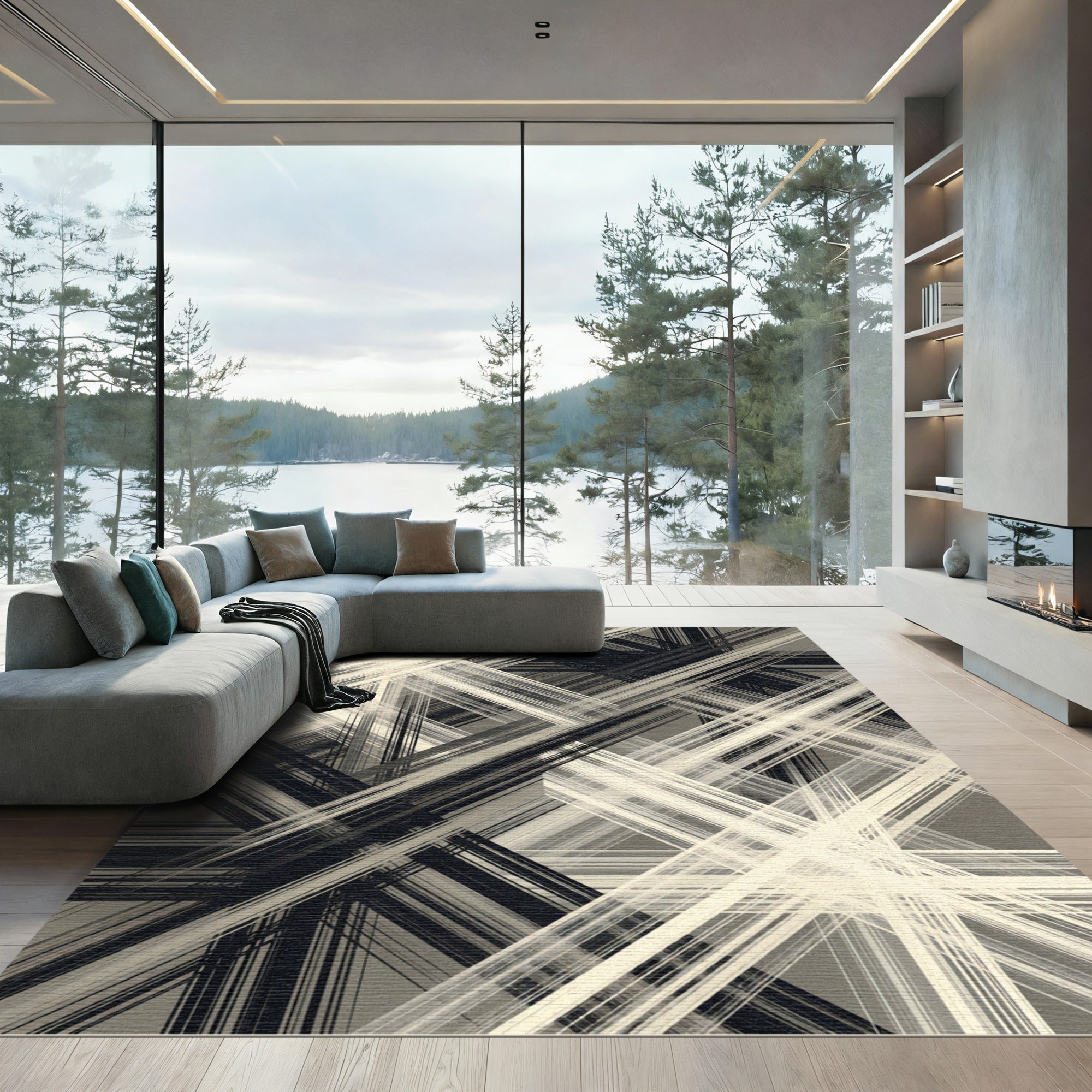 Monochrome Abstract Intersecting Lines Rug