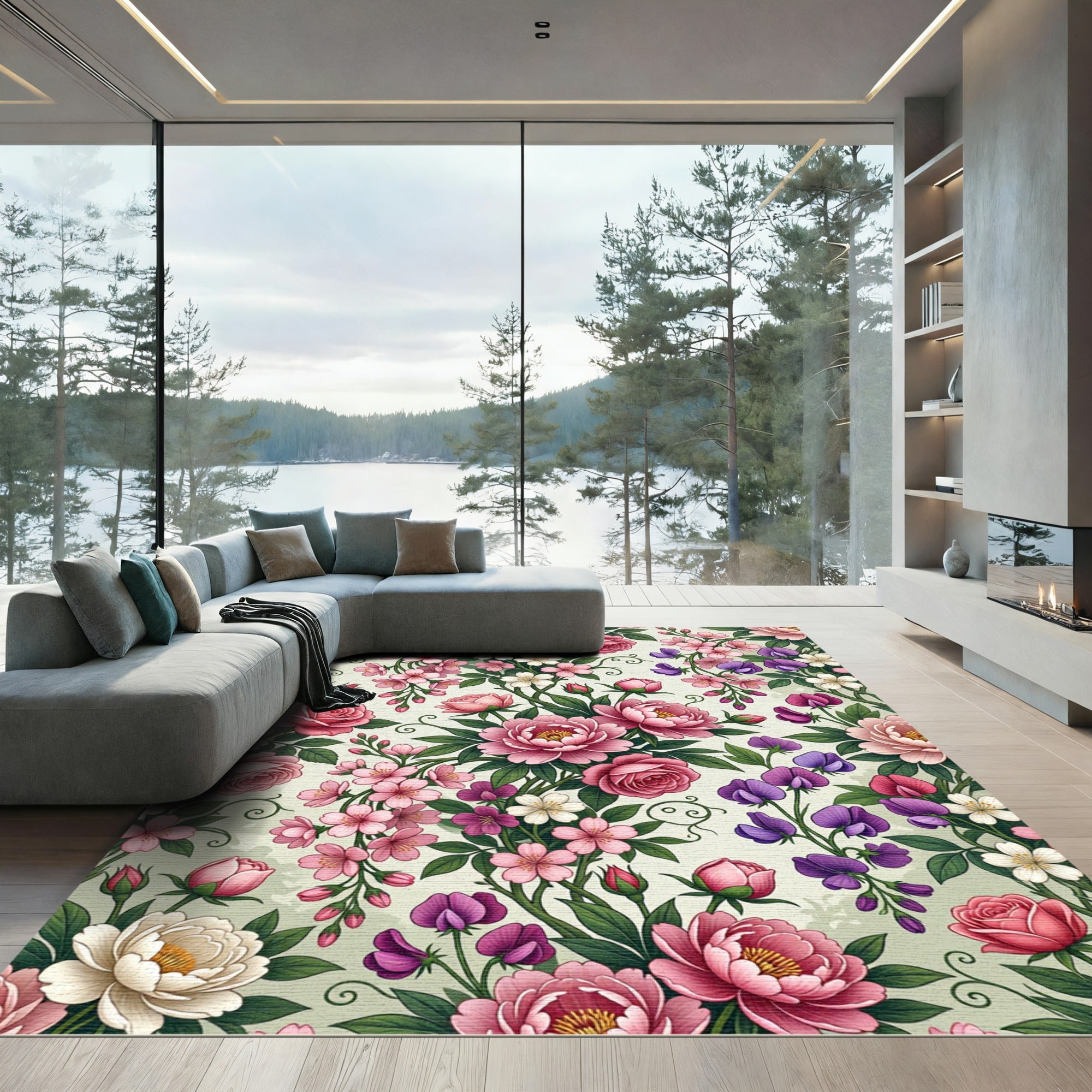 Romantic Pink Peony Blossom Floral Rug
