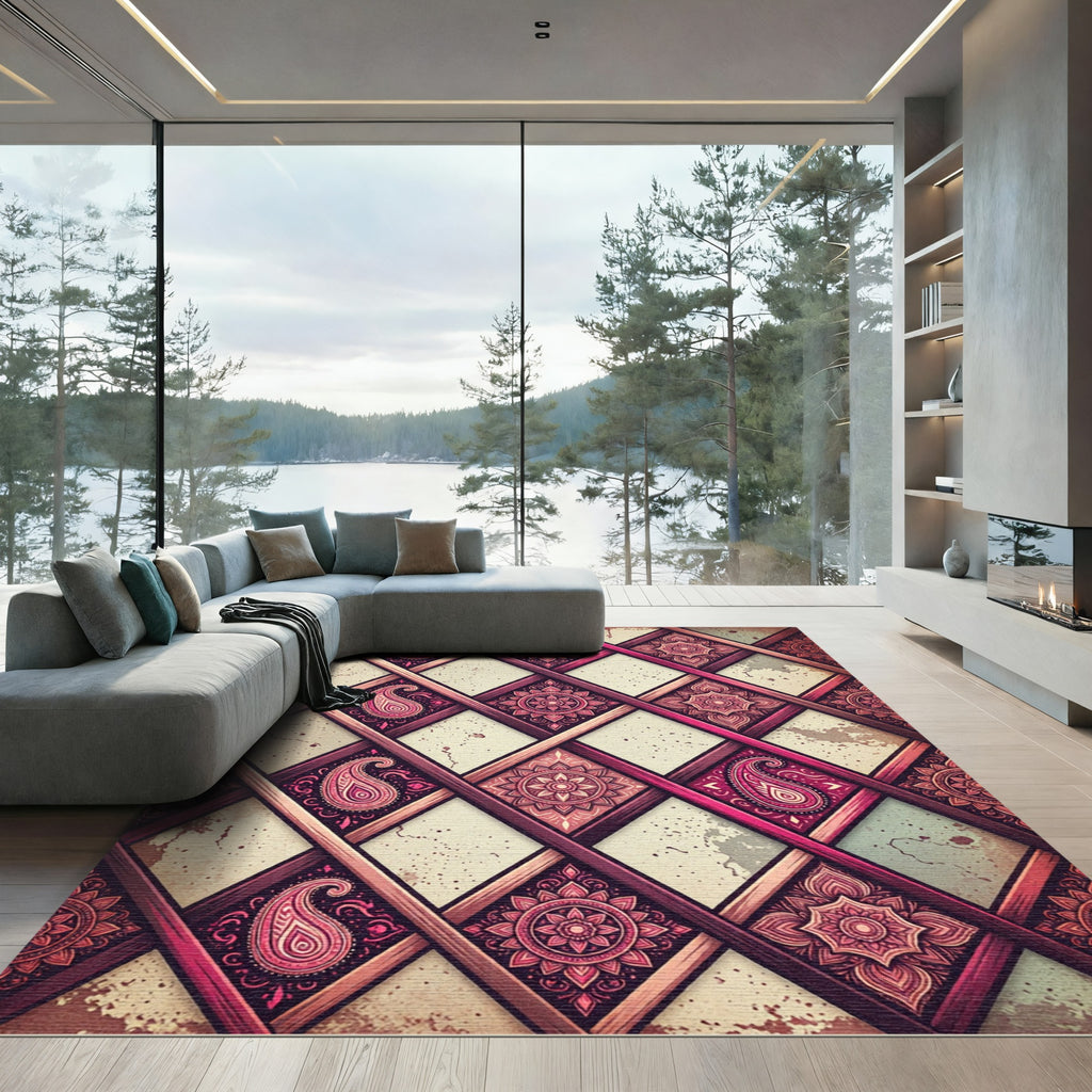 Crimson Paisley Mandala Lattice Rug
