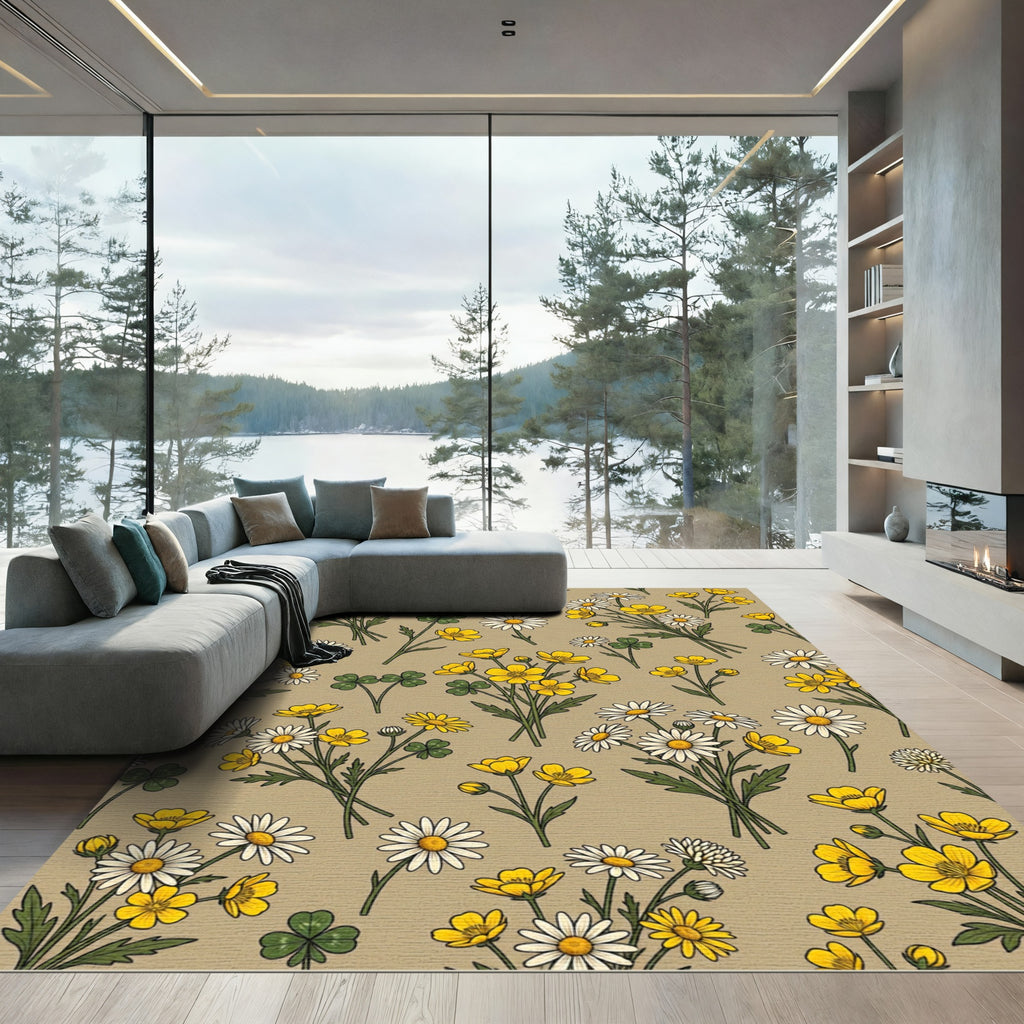 Earthy Beige Daisy and Buttercup Meadow Rug
