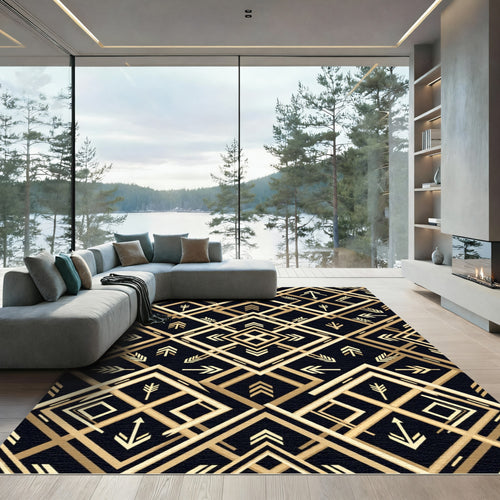 Art Deco Gold Geometric Black Rug