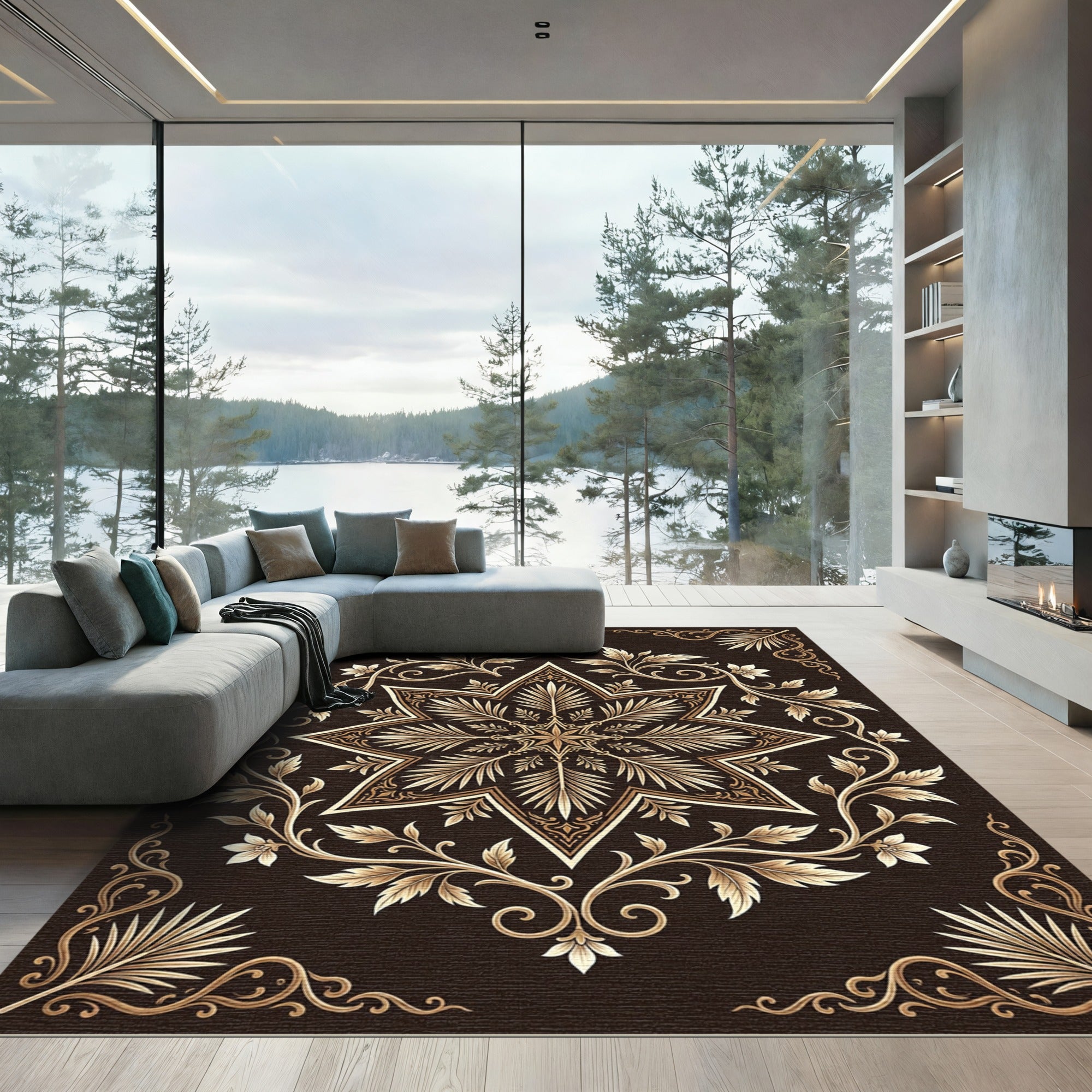 Ornate Golden Star Floral Medallion Rug