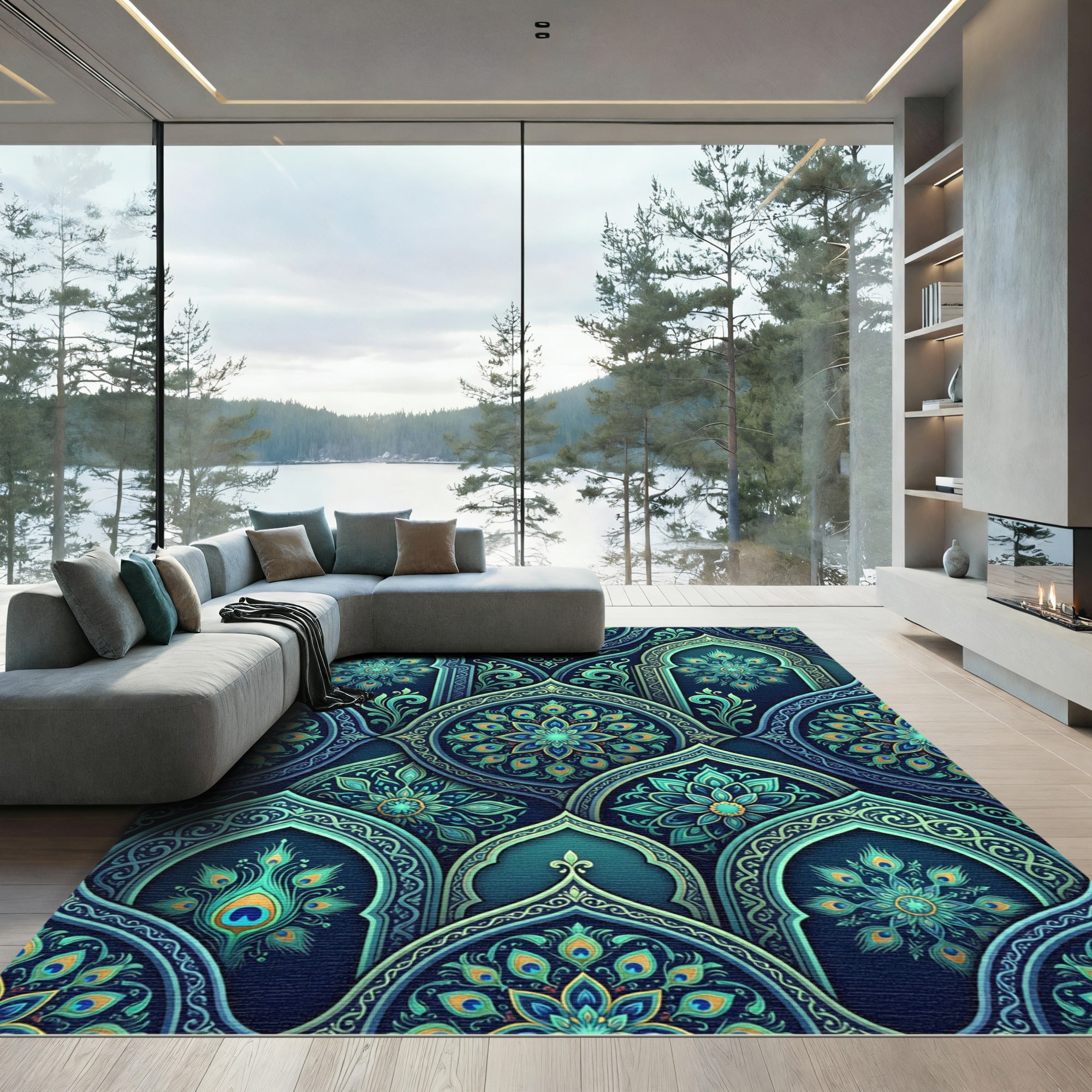 Elegant Peacock Teal Medallion Arch Rug