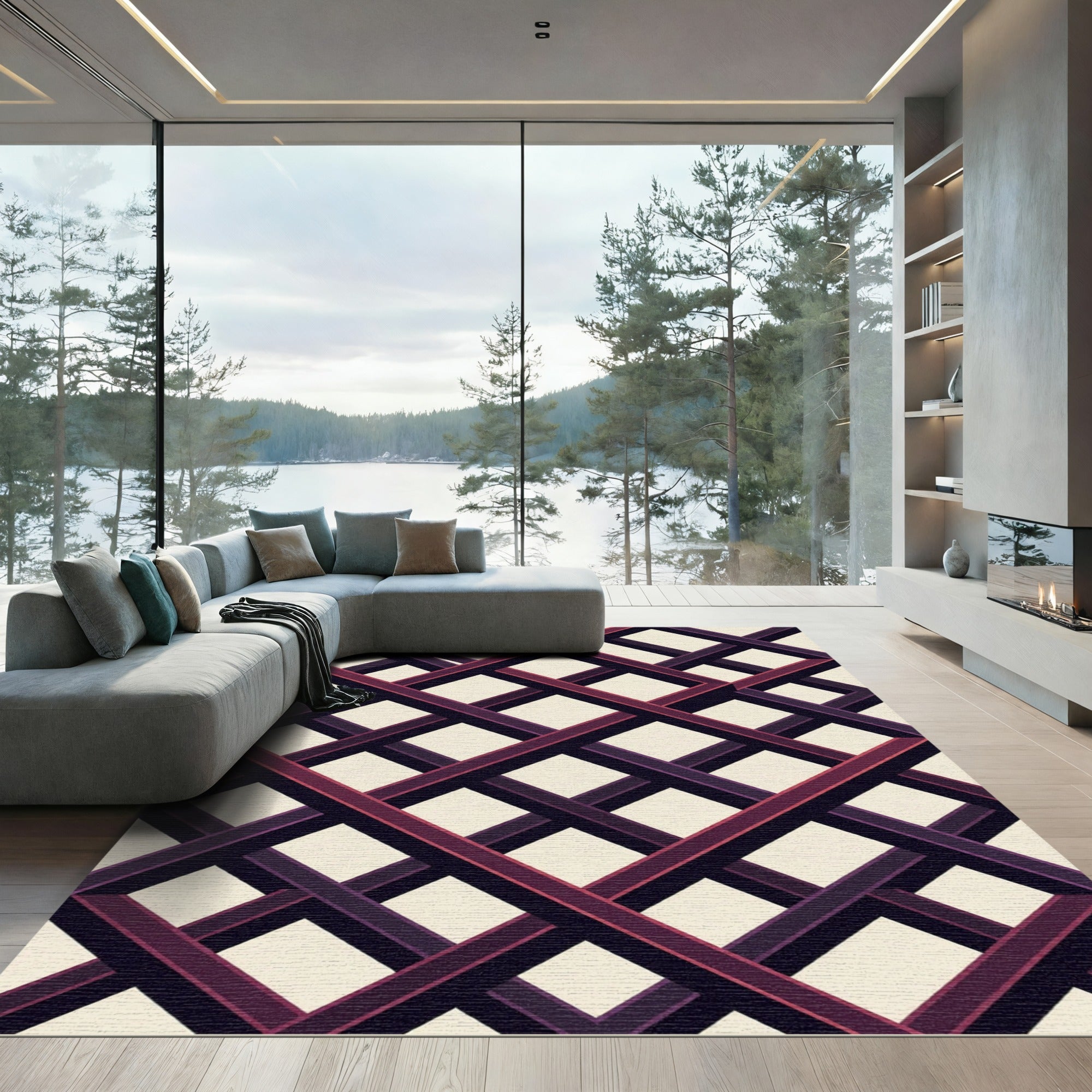 Modern Crimson Black Geometric Grid Rug