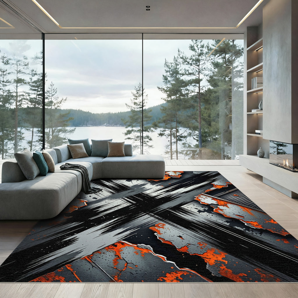 Industrial Distressed Rust and Steel Cross Rug