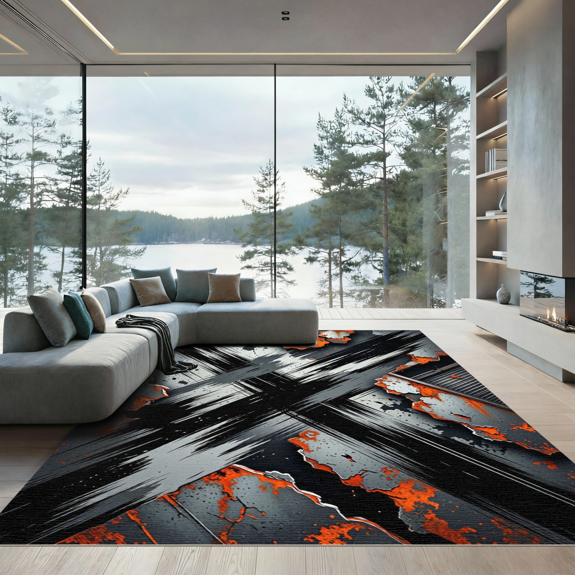 Industrial Distressed Rust and Steel Cross Rug