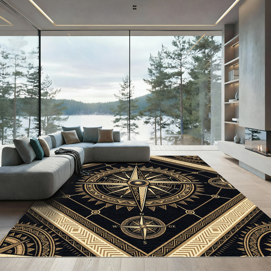 Golden Compass Celestial Black Navigational Art Rug