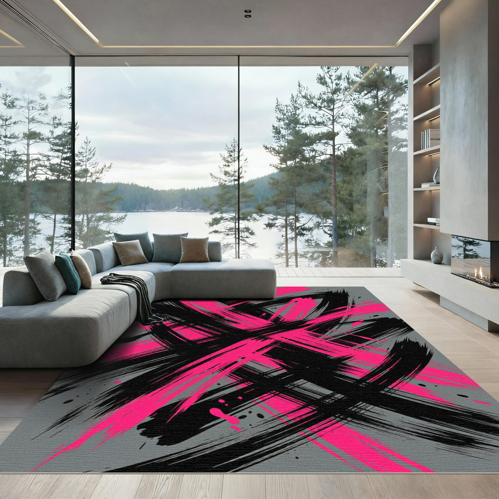 Bold Pink and Black Abstract Stroke Rug