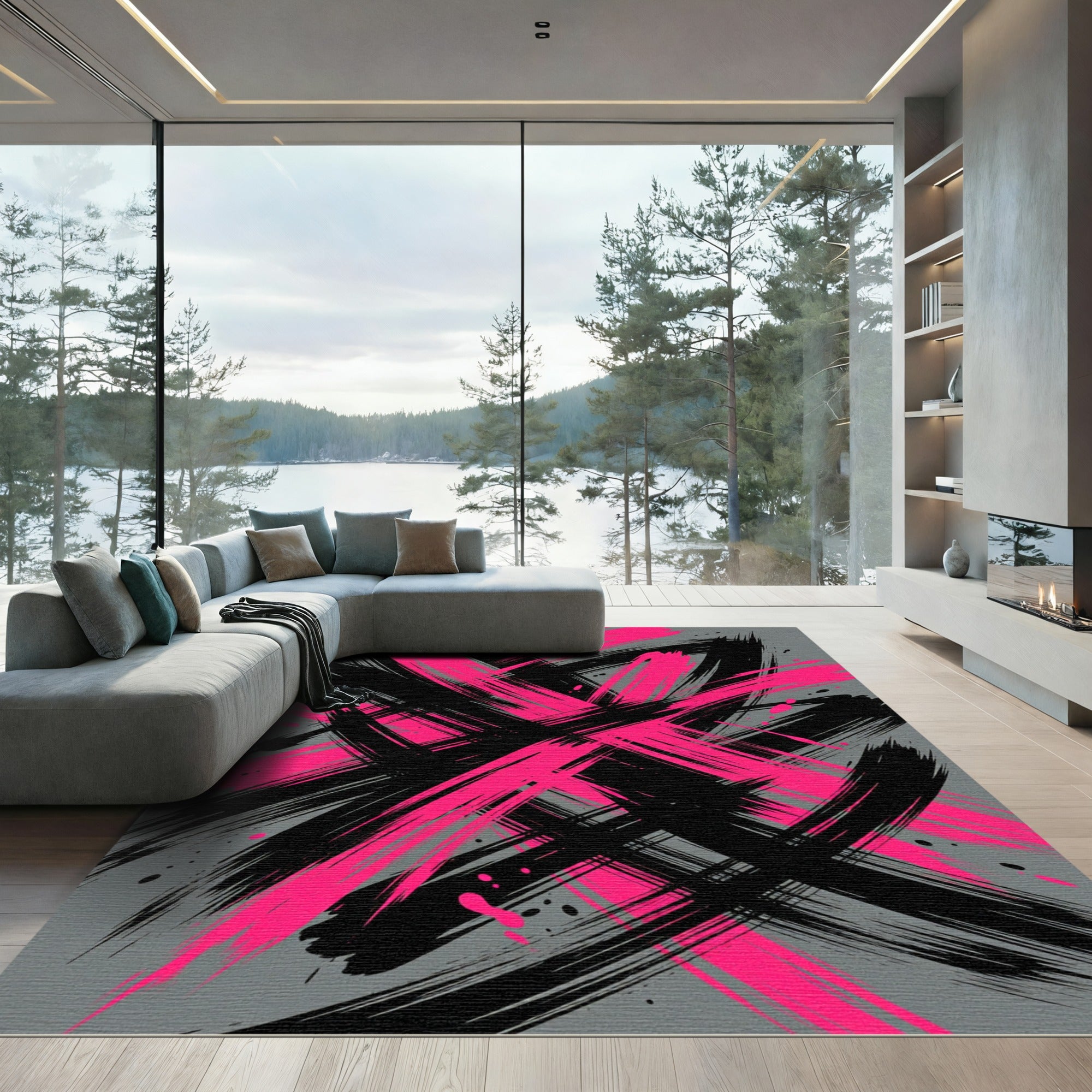 Bold Pink and Black Abstract Stroke Rug