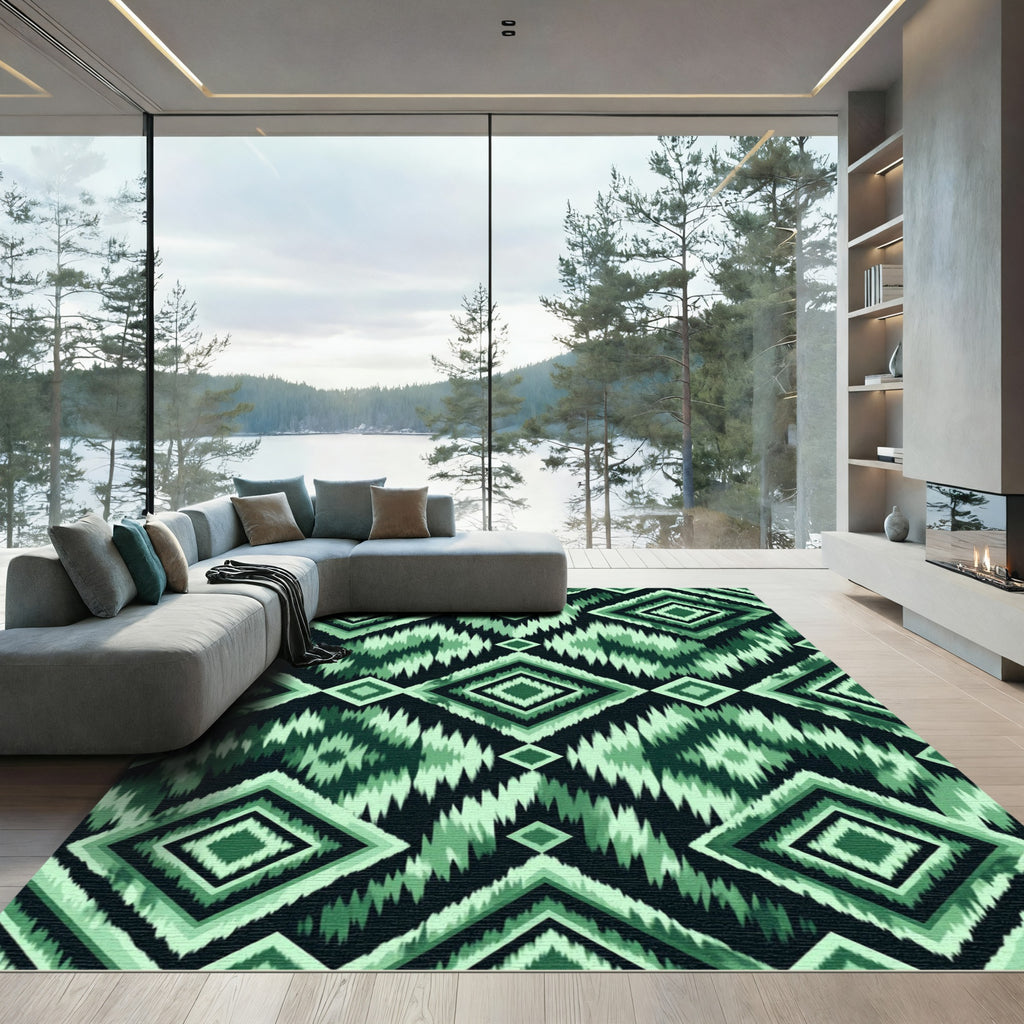 Shaded Green Diamond Ikat Stripe Rug
