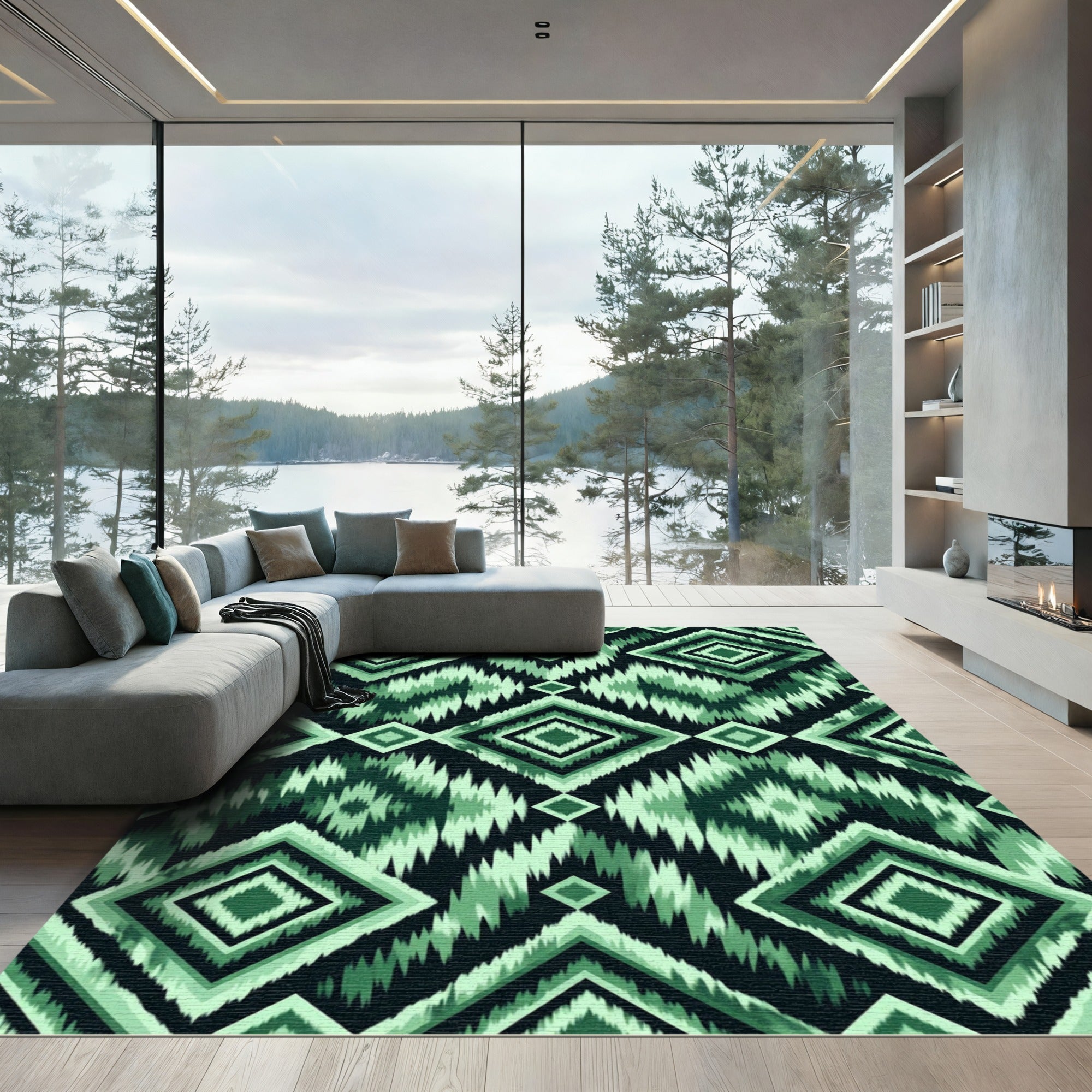 Shaded Green Diamond Ikat Stripe Rug
