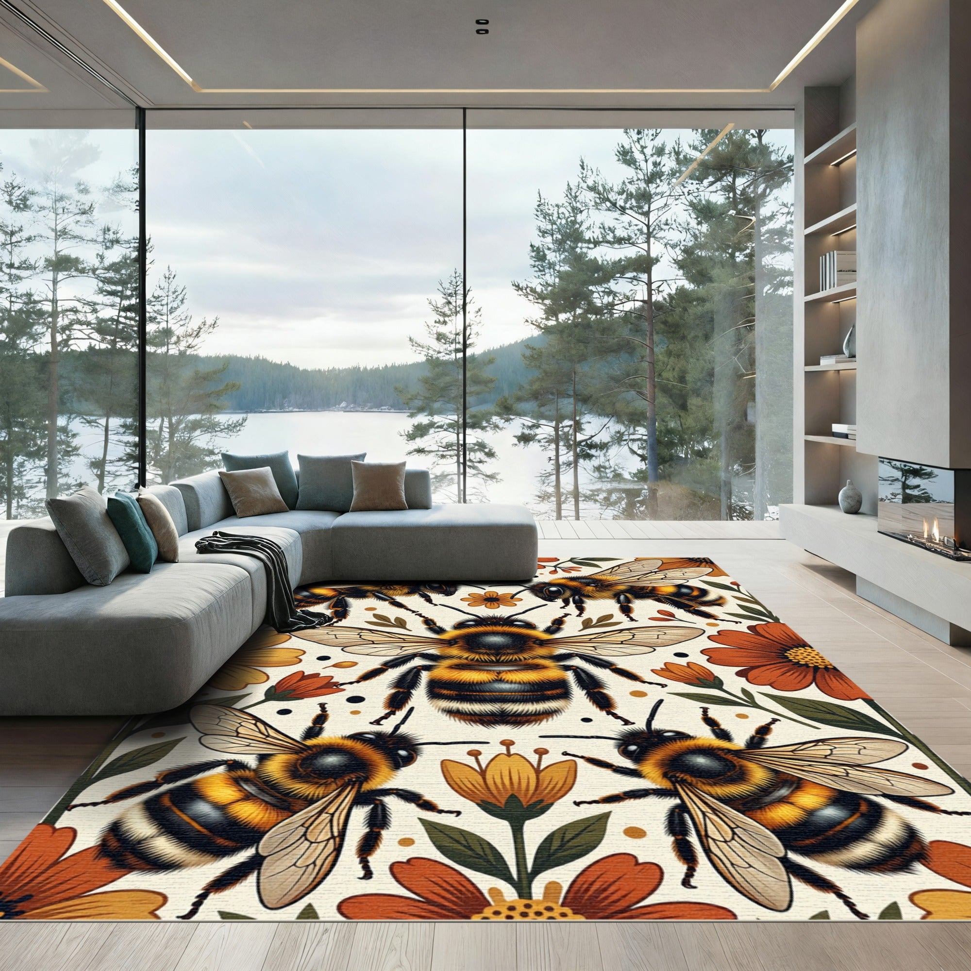 Golden Bumblebee Floral Earthy Botanical Rug