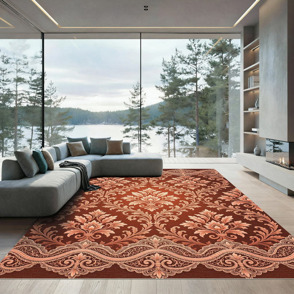 Antique Copper Damask Scroll Lace Rug