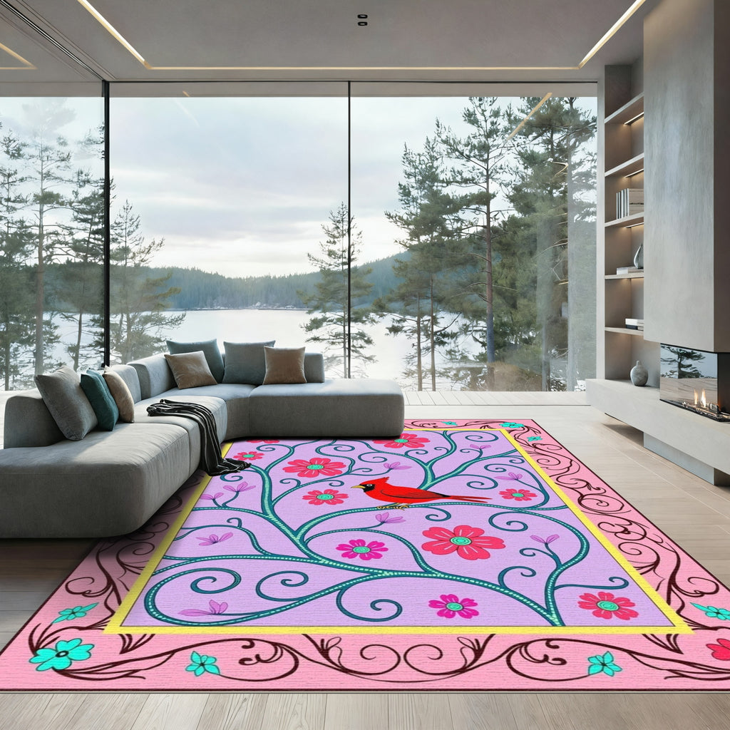 Whimsical Red Cardinal Floral Vine Rug