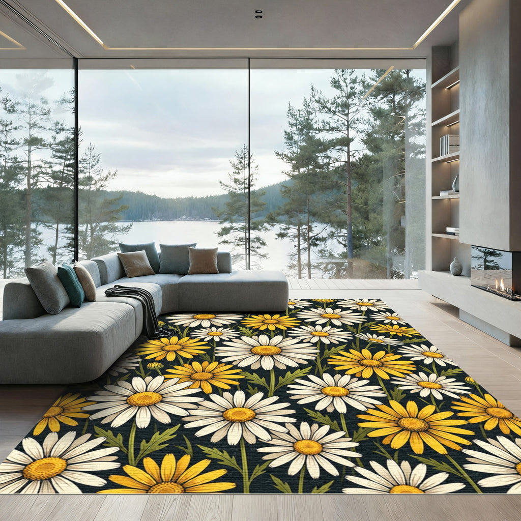 Vibrant Yellow and White Daisy Field Rug