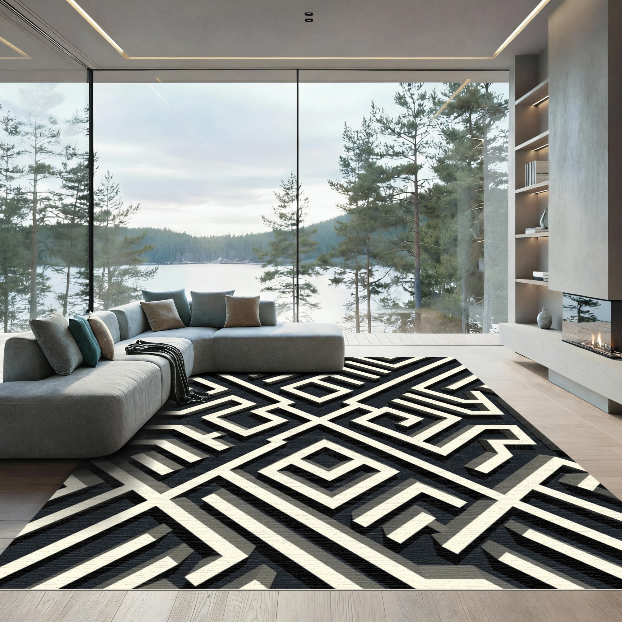 Monochromatic Labyrinth Illusion Rug