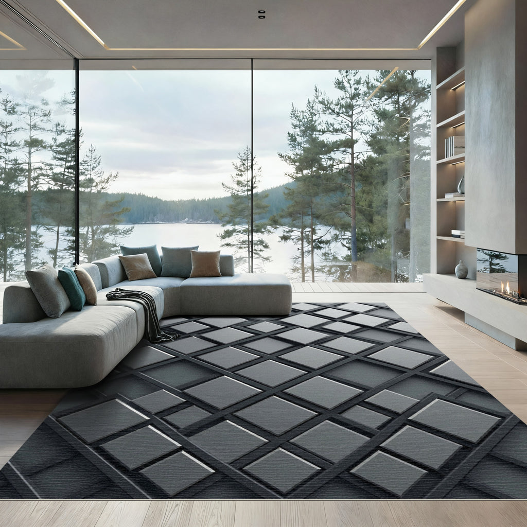 Sophisticated Charcoal Interlocking Lattice Geometric Rug