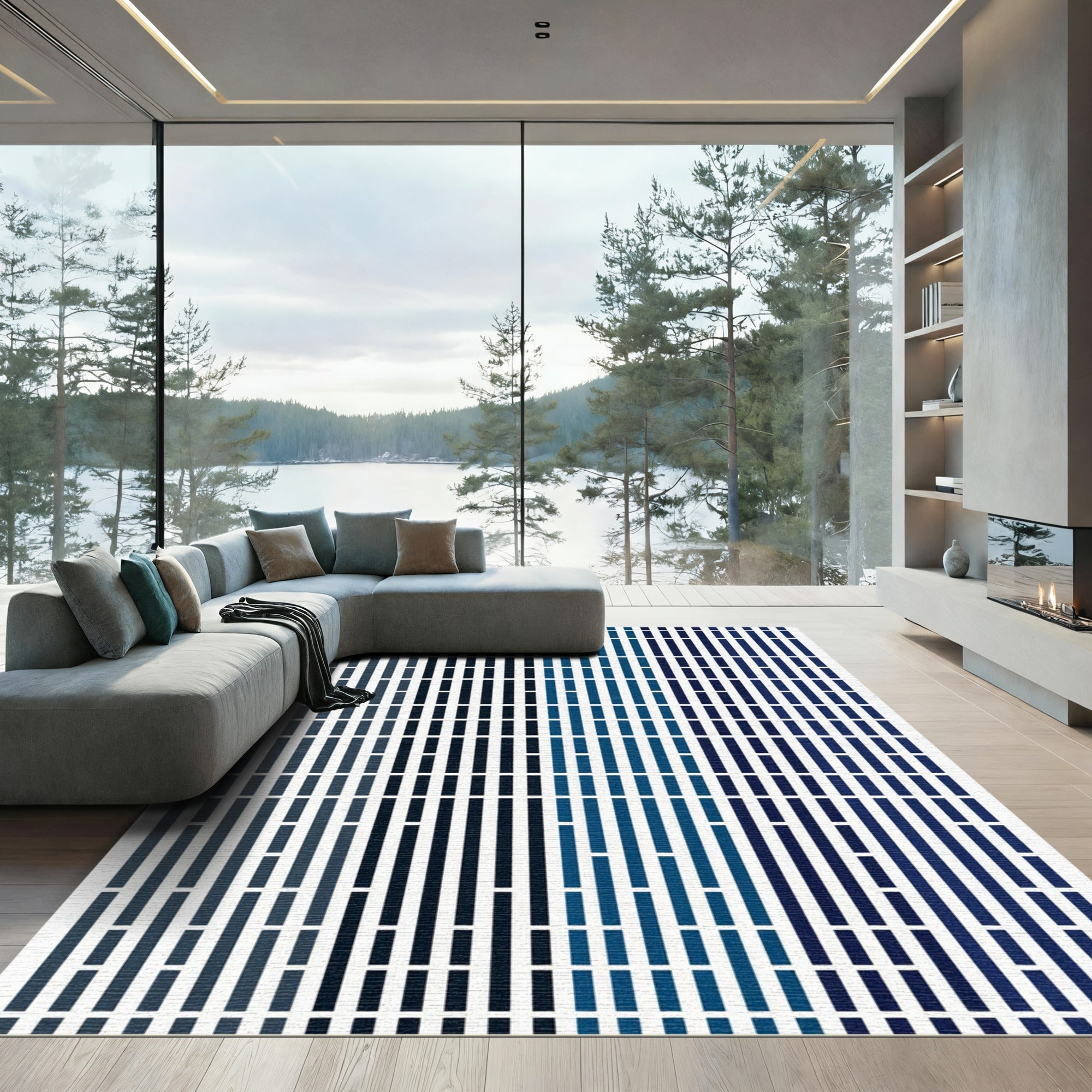 Vertical Abstract Blue Stripe Rug