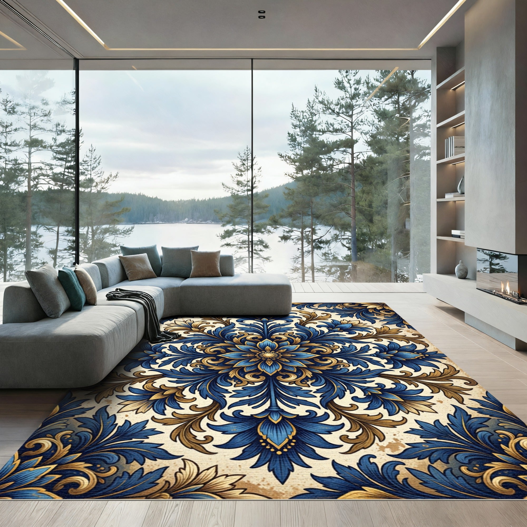 Ornate Royal Blue Gold Floral Medallion Rug