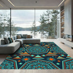 Vibrant Teal and Orange Geometric Boho Starry Hexagon Rug