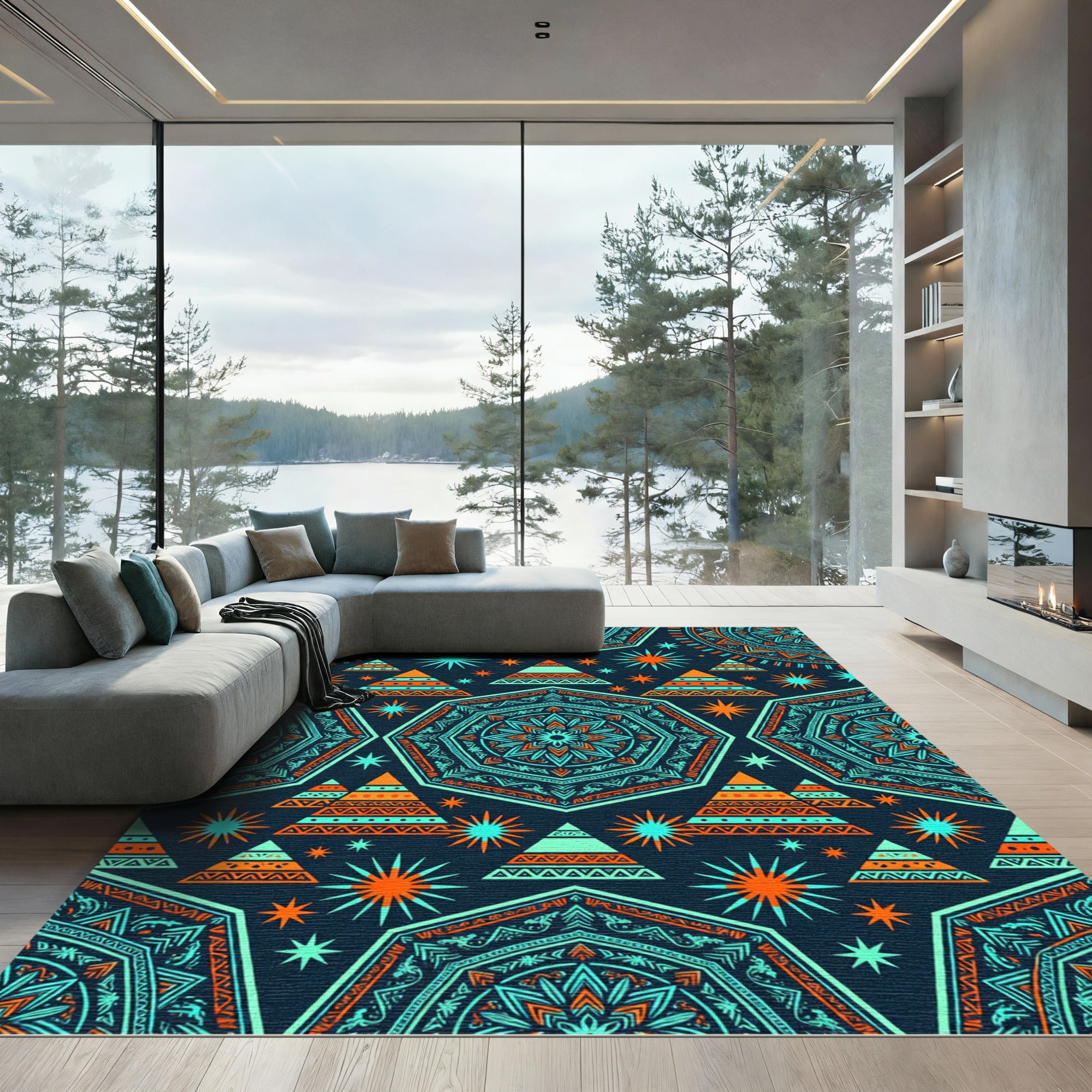 Vibrant Teal and Orange Geometric Boho Starry Hexagon Rug