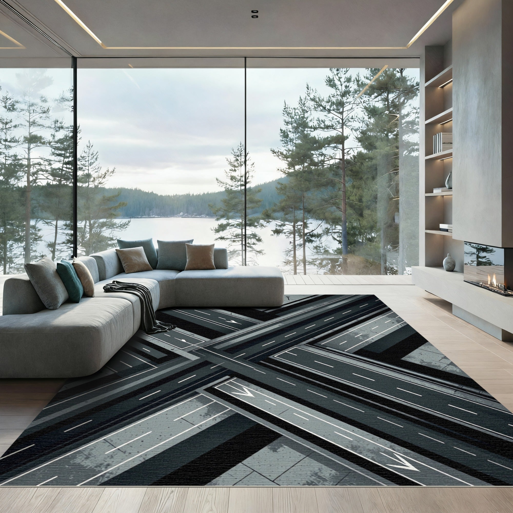 Monochrome Urban Intersection Abstract Roadway Rug